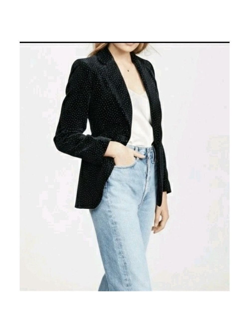 Theory Andorie Cinch Waist Navy Velvet Polka Dot Blazer Size 12 Luxe